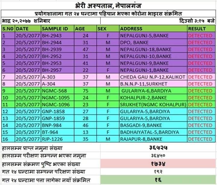 भेरी परिक्षण: १६ जनामा कोरोना संक्रमण